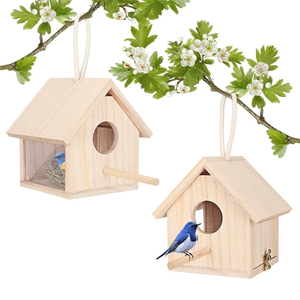 Nichoirs en bois à motif solide avec lanière en acrylique à l'extérieur Nichoir à oiseaux bleus suspendus - Product Image 1