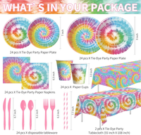 Ensemble de vaisselle et décorations pour fête d'anniversaire Tie Dye : Assiettes, gobelets, serviettes, couverts, nappe, décorations de gâteau, bannière de fond, spirales et ballons