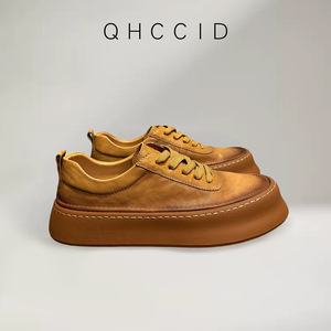 Baskets plateforme rétro pour hommes en cuir véritable à lacets, chaussures décontractées à talon moyen rehaussant la taille, marron et noir, pour usage quotidien - Product Image 4