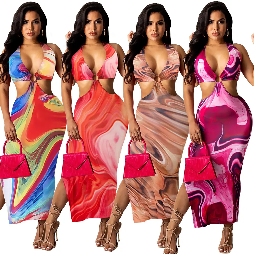 Mais recente Projeto Impresso Mulheres Maxi Vestido Cut Out V Neck Bodycon Bandage Vestido Sexy Ladies Vestido de Festa Vestidos