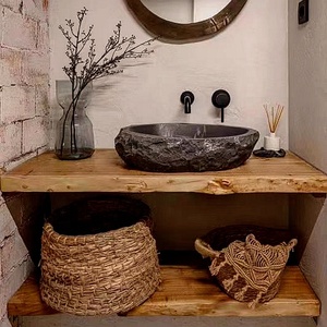 Mobile Lavabo in Legno Massello Nordico Impermeabile, Stile Rustico Wabi-sabi, Scaffale Portaoggetti da Parete per <span class=keywords><strong>Bagno</strong></span> - Product Image 2