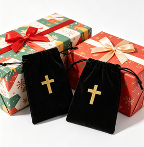 Pochette en velours personnalisée avec cordon de serrage et estampage à chaud doré, pour chapelet chrétien, petit bijou ou cadeau, emballage de rangement - Product Image 6
