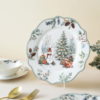 Service de table en céramique de Noël imprimé Forêt des Neiges, Bonhomme de Neige et Élan, compatible micro-ondes et lave-vaisselle, pour la table familiale