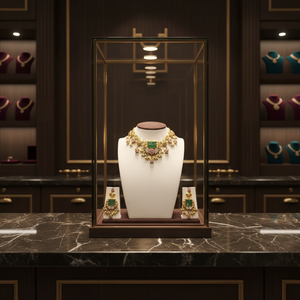 Ensemble de collier choker plaqué or traditionnel avec pierre verte, design floral Kundan Polki et boucles d'oreilles assorties pour tenue de mariée - Product Image 3