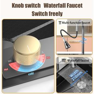 Évier de cuisine carré noir en acier inoxydable à montage sous plan, avec robinet cascade à trois trous et design nid d'abeille bionique - Product Image 4