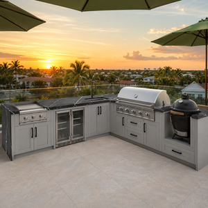 Gabinetes de Cocina para <span class=keywords><strong>Terraza</strong></span> de Acero Inoxidable con Parrilla Integrada, Encimera de Piedra Sinterizada y Refrigerador para Bebidas - Product Image 1