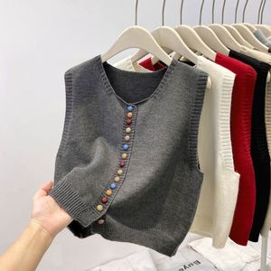 Gray Knitted Vest For Women <b>Spring</b> Rainbow Button Layered <b>Cardigan</b> Sweater Woolen Adult Size M L XL - Product Image 1