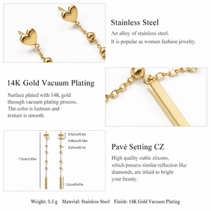 Pendientes de Cadena con Cuentas en Forma de Corazón, Acero Inoxidable, Chapado en Oro de 14K al Vacío - Product Image 3