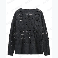 Pull ras du cou déchiré et vieilli pour homme, à manches longues, coupe oversize, tricot ajouré, style gothique, punk rock, emo