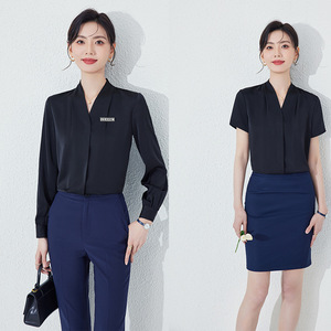 V-neck Shirt Women Solid Color Polyester Satin Anti-Wrinkle Office Wear - Product Image 1