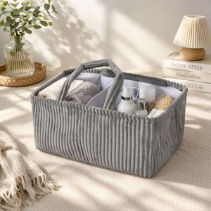 Panier de rangement en velours côtelé, rectangulaire, gris, avec poignée, panier d'organisation domestique pour vêtements, jouets, articles divers - Product Image 1