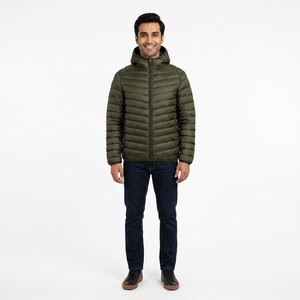 Chaqueta Acolchada con Capucha de Lona Ultraligera para Hombre, Cuello Alto, Cortavientos, Color Verde Oliva, para Invierno, Estilo Urbano, Logotipo Frontal - Product Image 1