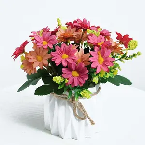 Chrysantemum decoração de flores em vaso, flor margarida pequena de seda artificial bonsai