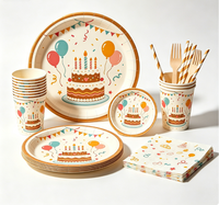 Ensemble de vaisselle jetable sur le thème du gâteau d'anniversaire, motif gâteau, kit complet avec assiettes, gobelets, serviettes pour enfants et adultes