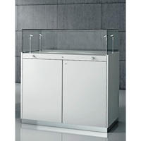 Comptoir d'exposition moderne 100x50x110cm blanc brillant avec plateau en verre et éclairage LED pour la vente au détail