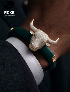 <span class=keywords><strong>Bracelet</strong></span> de luxe personnalisé Tête de Taureau en Or 9K-18K, entièrement pavé de diamants, yeux d'émeraude, en <span class=keywords><strong>cuir</strong></span> de crocodile, pour Hommes et Femmes, Cadeau de fête - Product Image 3