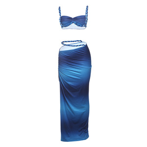 Nouvel ensemble tissé assorti pour femme, 2 pièces, tenue de vacances sexy, comprenant un débardeur court plissé <span class=keywords><strong>et</strong></span> une <span class=keywords><strong>jupe</strong></span> <span class=keywords><strong>longue</strong></span> taille haute froncée, couleur unie - Product Image 5