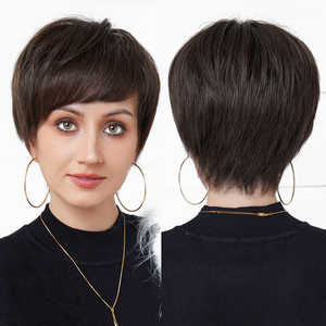 Foto reale marrone nero <span class=keywords><strong>corta</strong></span> elfo Bobo testa <span class=keywords><strong>parrucca</strong></span> sintetica con stratificazione naturale e frangia adatto per uomini e donne - Product Image 1