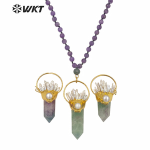 WT-N1246 도매 여성 화려한 긴 구슬 돌 형석 목걸이 금 패션 큰 청키 정신 포인트 돌 목걸이 - Product Image 3