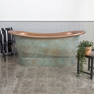 Modern Freestanding Portable Oval <b>Metal</b> <b>Bathtub</b> Antique Style Copper Rim Green Patina Finish Durable Soaking Tub for Adults - Product Image 1