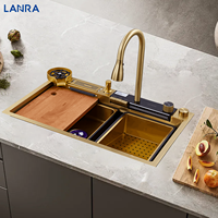 Robinet de pluie volant à 3 touches Évier de cuisine multifonctionnel Évier de cuisine doré à affichage numérique intelligent avec porte-couteau