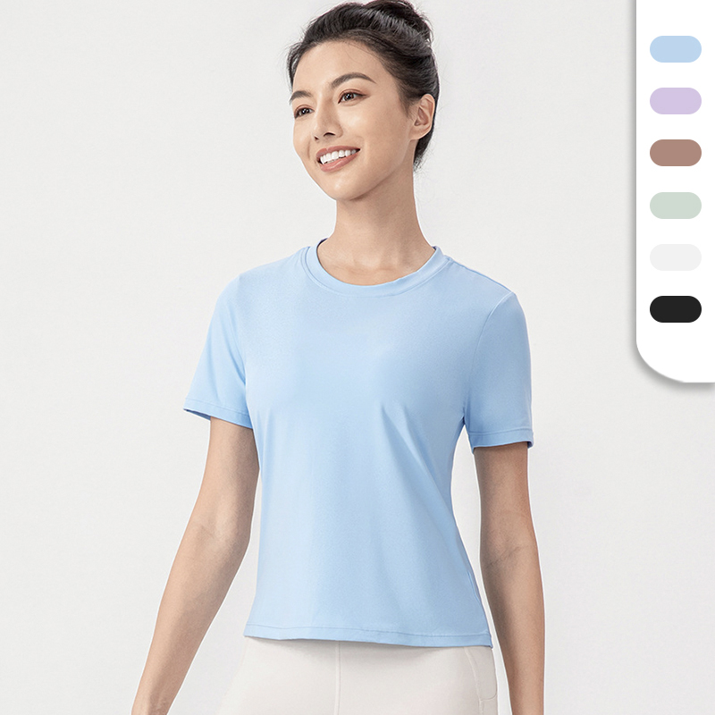 Womens Fitted Sports T-shirts with Custom Logo High Stretchy Round Neck Sports T Shirts Yoga and Gym Wearing Tops