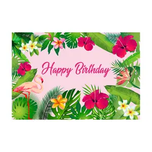 Оптовые продажи фоновые декорации на день рождения фламинго-2021 модный 5 * 3FT винил в гавайском стиле розовый Фламинго Цветы пальмовых листьев фон ко дню рождения для Baby Shower или для вечеринки по случаю DGBD-138