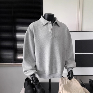 Sudadera de Cuello Polo Gris para Hombre, Manga Larga, Color Sólido, Capa Base, Ropa Casual de Primavera y Otoño, Corte Juvenil, Tallas M, L, XL, 2XL, 3XL - Product Image 1