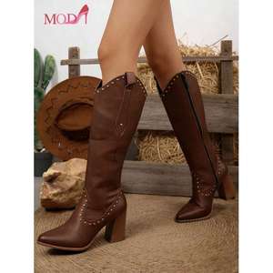 Botas Altas de Mujer Modi con Tacón Grueso, Detalle de Remaches, Pantorrilla Ancha, Material TPU, Antideslizantes, Estilo Vacacional - Product Image 4