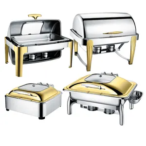 Luxury Restaurant Hotel Roll Top Chaffers Chafing Dish Stainless Steel Commercial Electric Gold Heater Buffet Food Warmer Set