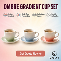 Ensemble tasse et soucoupe en porcelaine dégradé ombré blanc, bleu sauge, rose poudré – Moderne, durable, pour le thé de l'après-midi, décoration maison et cuisine, vente en gros