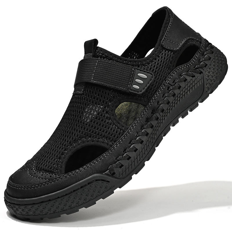 Factory Supply Large Size Feet Genuine Leather Mesh Upper Breathable Hand  Made Sewing Men Cool Summer Sandals Shoes