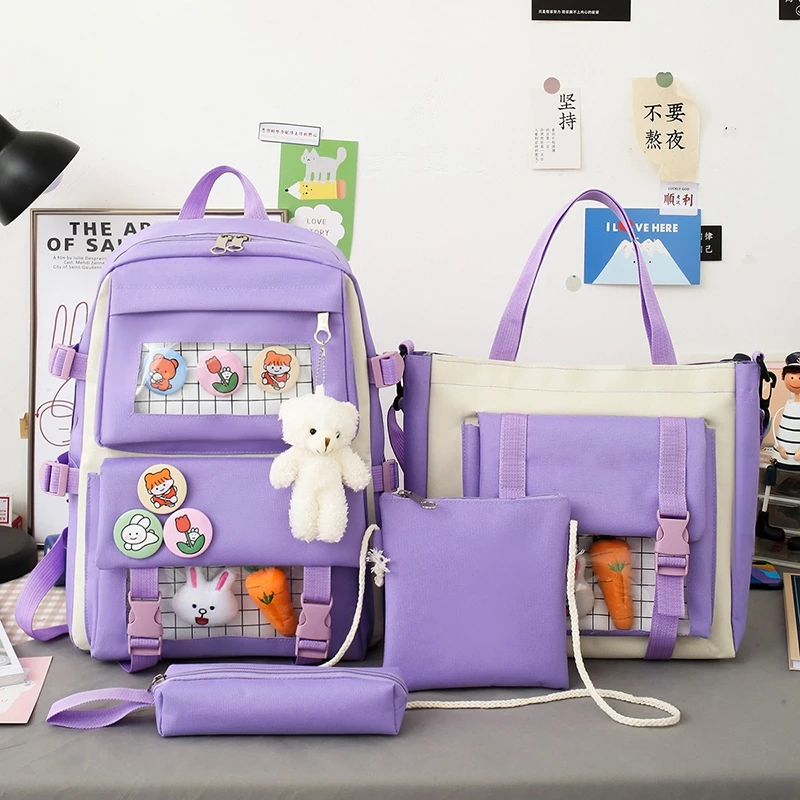 Custom Cartoon School Bag для Girls, Multi-Piece Set, Female Backpack, Large Capacity, Waterproof