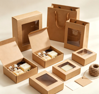 Boîte cadeau en papier kraft noir, blanc et marron, avec fenêtre transparente, gaufrage à chaud doré, pliable, matériaux recyclés, logo personnalisé