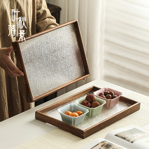Rectangular Glass <b>Tea</b> Tray With Walnut Wood Frame Retro Style For Home Coffee Snack Use - Product Image 3