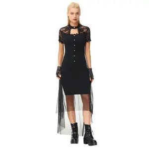 OEM Ladies Short Sleeve See Through Tulle Netting Overlay Women Vintage Retro Black High Low Dress