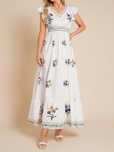 White Woven Natural Waist High Fashion Embroidered <b>Short</b> Sleeve <b>Maxi</b> <b>Dress</b> 100% Cotton Washable - Product Image 3
