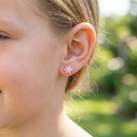 YUNCHENG 925 Sterling Silber Rosa Kubisches Zirkonium 18k Vergoldete Blumen-Ohrstecker für Kinder mit Schraubverschluss Sicherer Kinderschmuck