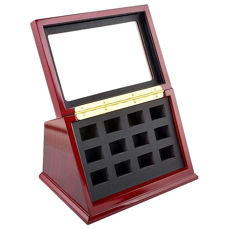 Kampioensring Houten Vitrine 12-Gleuf Sieraden Opbergdoos Houder Met Doorzichtige Raamsport Ringen Display Shadow Box