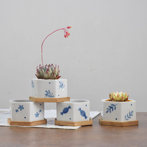Ensemble de pots à fleurs <span class=keywords><strong>en</strong></span> céramique respirants et résistants à la corrosion, style chinois, motif floral bleu peint à la main, pour plantes succulentes, vert - Product Image 1