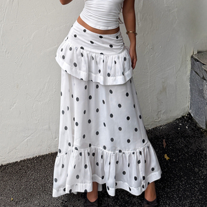 Jupe longue décontractée pour femme, style A, avec empiècements en maille contrastante et pois - Product Image 5