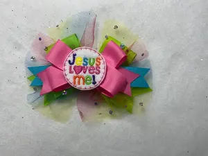 Moño para el pelo bordado 'Jesús me ama' de 3 capas de grosgrain con tul de lentejuelas arcoíris y pinza de cocodrilo - Product Image 5