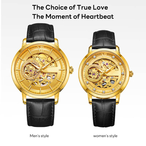 Reloj de oro chino 3D 18K 24K, esfera Tourbillon, pareja ahuecada, reloj de cuero mecánico automático dorado - Product Image 6