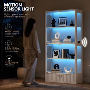 Vitrina Moderna de Vidrio SENYU con Iluminación LED, 4 Estantes, 1 Cajón, Mueble de Almacenamiento para Sala de Estar, Vitrina para Curiosidades - Product Image 5