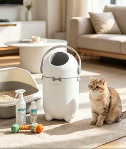 <span class=keywords><strong>ARTHOME</strong></span> Poubelle ronde portable en plastique de 12 L avec couvercle roulant anti-odeur, motif animal mignon, pour animaux de compagnie - Product Image 1