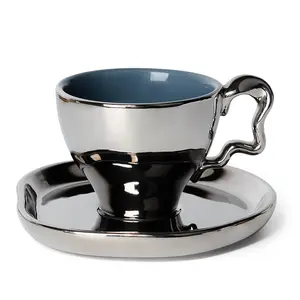 Wholesale Nordic Style New Coffee Holder Saucer Set Electroplated Safety Cup with Handle Silver Ceramic Mug