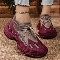 Baskets en tricot bordeaux pour femmes, avec cordon de serrage réglable, plateforme épaisse ajourée, respirantes, chaussures décontractées de marche pour femmes