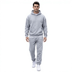 Men's Solid Gray Hooded Tracksuit Full Length 100% Cotton Casual Athletic Wear with Drawstring Closure and Side Pockets - Product Image 1