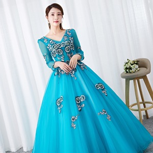 Elegant Tulle Ball Gown V Neck Floral Embroidery Lake Blue Evening Dress Women Formal Party Wedding Dress - Product Image 3