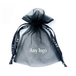 Low moq dust organza bag with ribbon logo print pouch organza